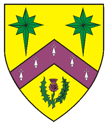 Or, a chevron purpure ermined argent between <BR>2 compass stars elongated to base vert and a thistle proper.