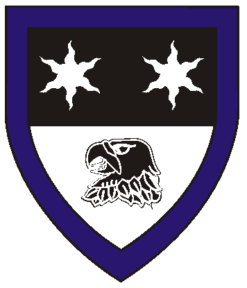 
Per fess sable and argent, two estoiles and an eagle's head erased counterchanged,
a bordure azure.