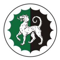 Badge: Per pale vert and sable, a talbot passant and a bordure invected argent.