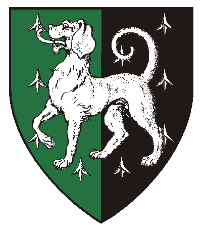 Per pale vert and sable semy of caltrops, a talbot passant argent.