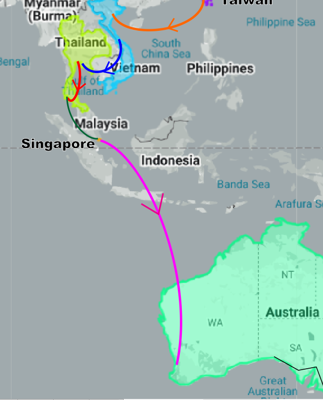 To Singapore and Perth Map